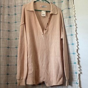 Beige Ribbed Knit Collared Sweater